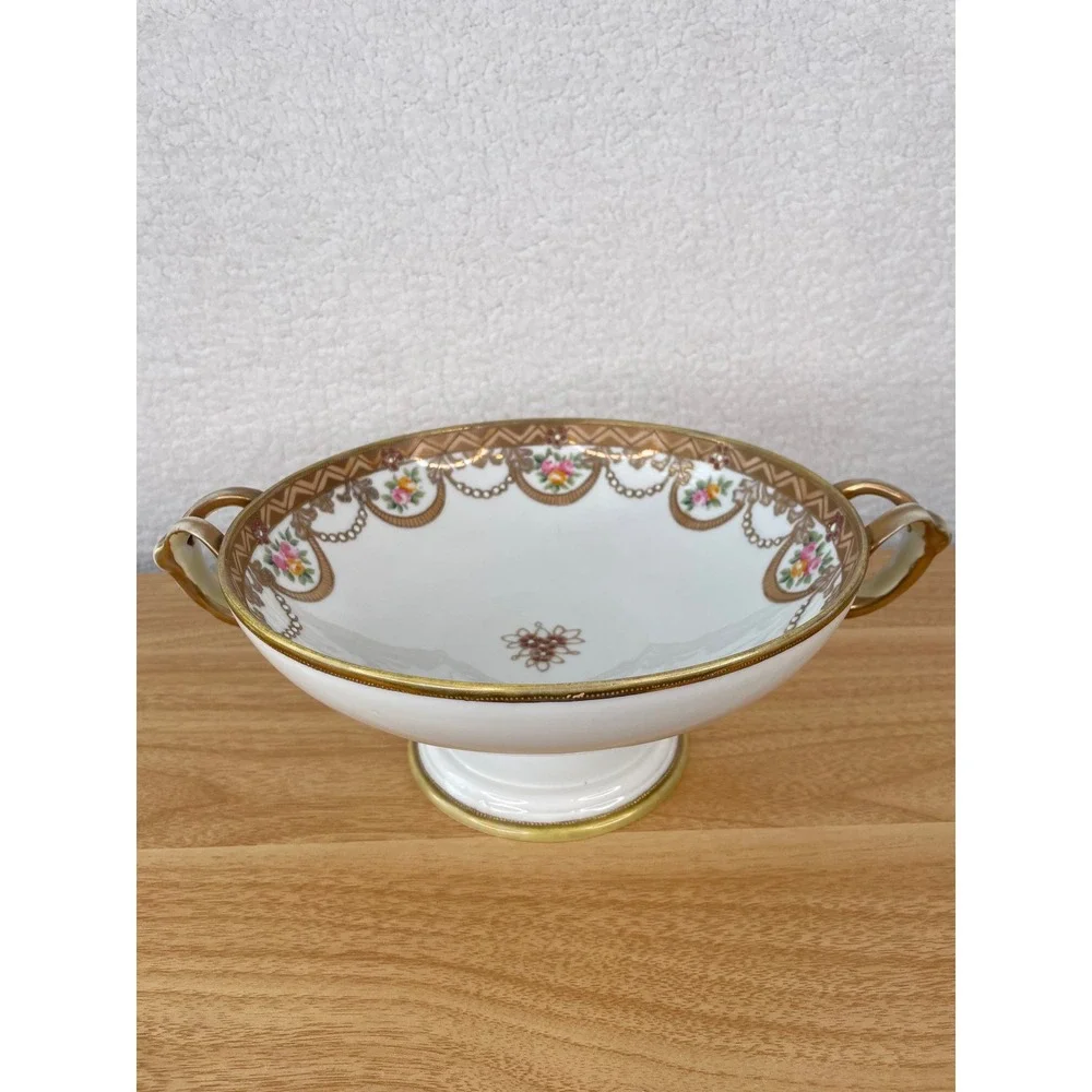 Antique Nippon Hand Painted Porcelain Pedestal Bowl Gold Moriage Floral 10.25